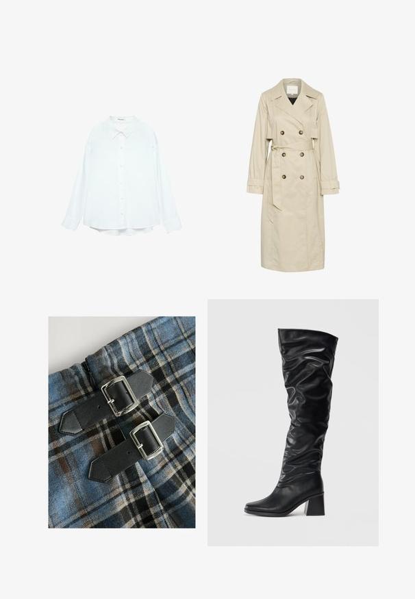 Bež plašč iz lahkega blaga, z dvojno zaponko, velikimi gumbi in zavezanim pasom. Dolgi rokavi in klasičen ovratnik.; Bela srajca z gumbki in klasičnim ovratnikom, dolgimi rokavi in sproščenim krojem. Mehka tkanina z gladko teksturo, brez vzorcev ali okrasnih elementov.; Karirana tekstura v modri, rjavi in črni barvi, ki vsebuje dva črna umetna usnjena trakova s srebrnimi zaponkami v pasu. Vidna zadrga.; Črne škornje do kolen iz sijoče usnje s sproščenim dizajnom, koničastimi nosi in robustnim blok peto. Gladka tekstura z subtilnim sijajem.