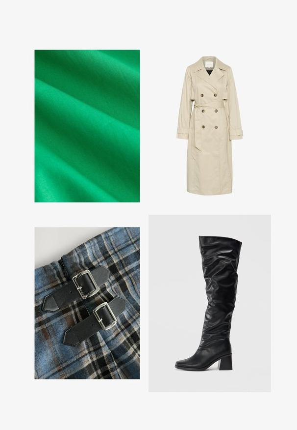 Trench coat beige realizzato in tessuto leggero, con design doppiopetto, grandi bottoni e cintura in vita da annodare. Maniche lunghe e colletto classico.; Tessuto verde brillante con una consistenza liscia, che mostra sottili pieghe e rughe. Il materiale appare leggero e uniforme nel colore.; Tessuto a quadri con colori blu, marrone e nero, dotato di due cinture in finta pelle nera con fibbie in argento in vita. Cerniera visibile.; Stivali neri al ginocchio realizzati in pelle lucida con un design morbido, punta affilata e tacco largo. Texture liscia con un delicato lucido.