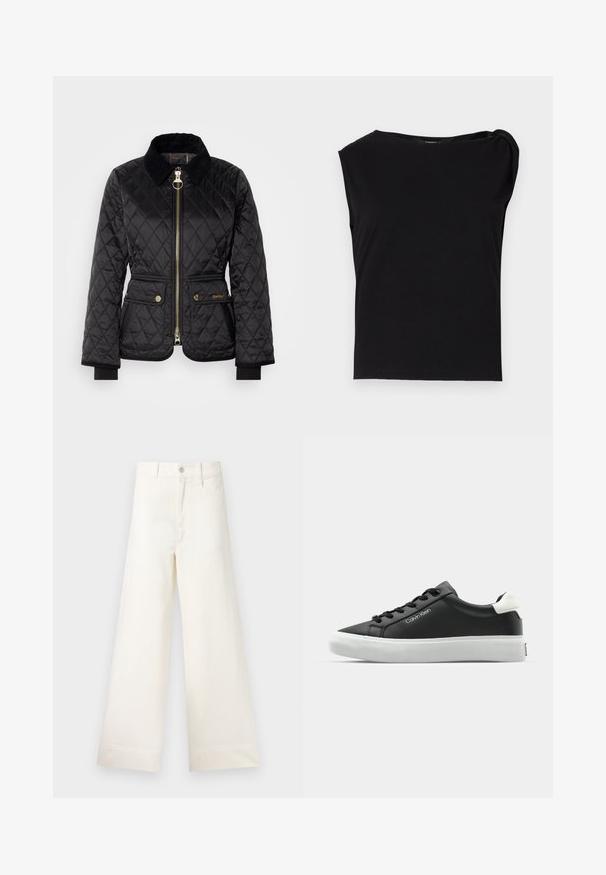 Black quilted jacket featuring a zip front, corduroy collar, and gold-tone hardware. Includes two front pockets with snap closures.; Black short-sleeve top made of smooth fabric. Features a round neckline and draped detail on the shoulder. Simple, fitted design.; Wide-leg trousers in light beige cotton. Features a high waist, front pockets, and a straight cut. Clean hem finishing without patterns.; Black leather sneaker with white rubber sole. Features black laces and logo on the side. Rounded toe and padded collar.