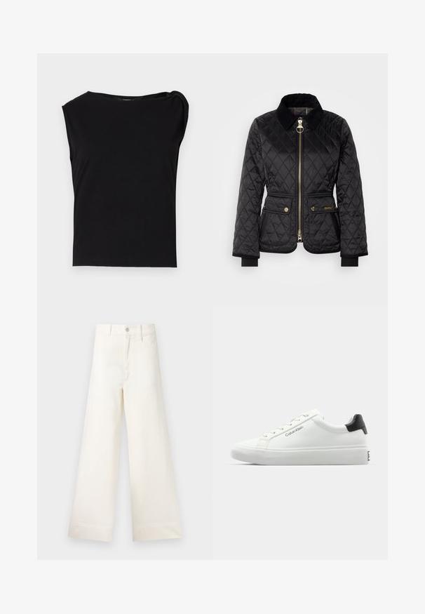 Czarna pikowana kurtka z zamkiem z przodu, kołnierzem z kordurowego materiału oraz złotymi akcentami. Zawiera dwie przednie kieszenie z zapięciem na napy.; Czarny top z krótkim rękawem wykonany z gładkiego materiału. Ma okrągły dekolt i drapowane detale na ramieniu. Prosty, dopasowany krój.; Szerokie spodnie w jasnym beżowym kolorze wykonane z bawełny. Charakteryzują się wysokim stanem, kieszeniami z przodu oraz prostym krojem. Czyste wykończenie brzegów bez wzorów.; Białe sneakersy o gładkim wykończeniu, z czarnym akcentem na pięcie i sznurowanym zapięciem. Posiadają branding "Calvin Klein" po bokach. Styl minimalistyczny.