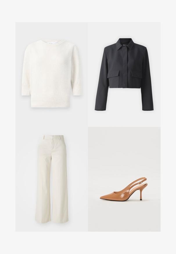 Gekürzte schwarze Jacke aus glattem Material mit Kragen, vorderem Knopfverschluss und zwei aufgesetzten Taschen auf der Brust. Lange Ärmel.; Weißer gestrickter Pullover mit Rundhalsausschnitt, halblangen Ärmeln und geripptem Saum. Weicher Stoff, leichtes Material und keine sichtbaren Muster.; Weite Hosen in einem hellbeigen Farbton, aus einem glatten Stoff gefertigt. Mit einem klassischen Bund und flachem Vorderteil, das klare Linien zeigt.; Spitz zulaufender Slingback-Absatz aus einem glatten, glänzenden, tanfarbenen Material. Mit einem geschwungenen Ausschnitt-Design und einem schlanken Stiletto-Absatz. Silberne Schnallendetails.