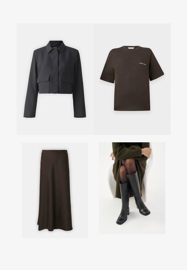 Izgriezta melna jakas no gludas auduma ar apkakli, priekšējiem pogu aizdari un divām kabatām uz krūtīm. Garas piedurknes.; Brūns kokvilnas T-krekls ar īsām piedurknēm, brīvā piegriezumā, ar apaļu kakla izgriezumu, ar mazu baltu izšuvumu kreisajā krūšu daļā.; Selected Femme SLFLENA - A-silueta svārki - coffee bean; Ceļgalu augstuma melni ādas zābaki ar kvadrātu purngalu un bloku papēdi, attēloti modelī, kurš sēž olīvu zaļā mētelī. Gluda tekstūra, minimāla apdare.