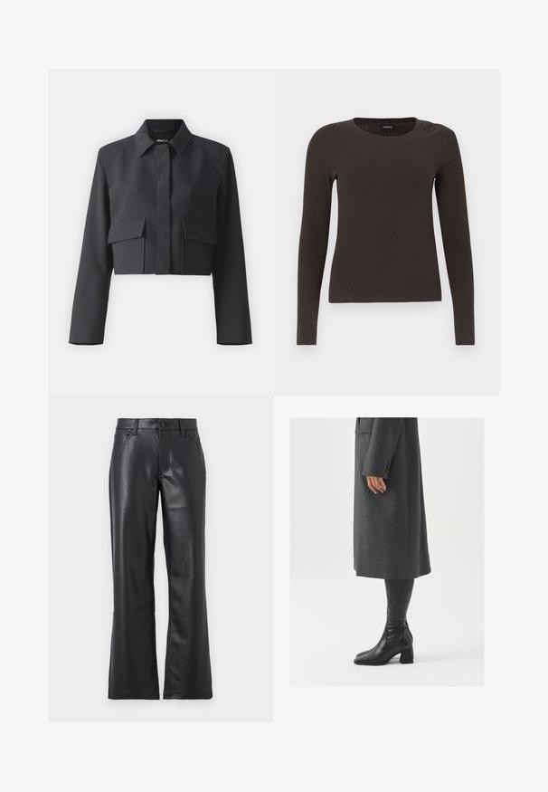 Veste noire cropped en tissu lisse avec un col, fermeture à boutons sur le devant et deux poches à rabat sur la poitrine. Manches longues.; Un haut marron à manches longues en rib avec un col rond. Fabriqué dans un matériau lisse et extensible, il présente une silhouette ajustée et un minimum de détails.; Pantalon en cuir noir avec un design évasé, doté de poches avant, passants de ceinture et d'une fermeture à bouton. Texture lisse avec des coutures visibles.; Manteau gris taillé à coupe droite ; associé à des bottes en cuir noir jusqu'au genou avec un bout carré et un talon épais.