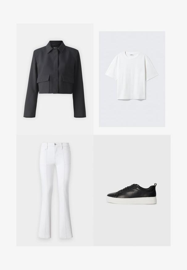 Lyhyempi musta takki, joka on valmistettu sileästä kankaasta, jossa on kaulus, napit edessä ja kaksi läppätaskua rinnassa. Pitkät hihat.; Valkoinen lyhythihainen t-paita pehmeästä puuvillakankaasta, jossa on pyöreä pääntie ja rento istuvuus suoran helman kanssa, yksinkertainen ilman kuvioita tai grafiikkaa.; Valkoiset farkut, joissa on leveät lahkeet ja korkea vyötärö, kontrastivärillä ommellut saumat, etutaskut ja vetoketjuhytti. Sujuva ja kestävä kankaan rakenne.; Musta matala nahka-tennarit mustilla nauhoilla ja valkoisella paksulla kumipohjalla, nähtynä ulkosivulta valkoista taustaa vasten.