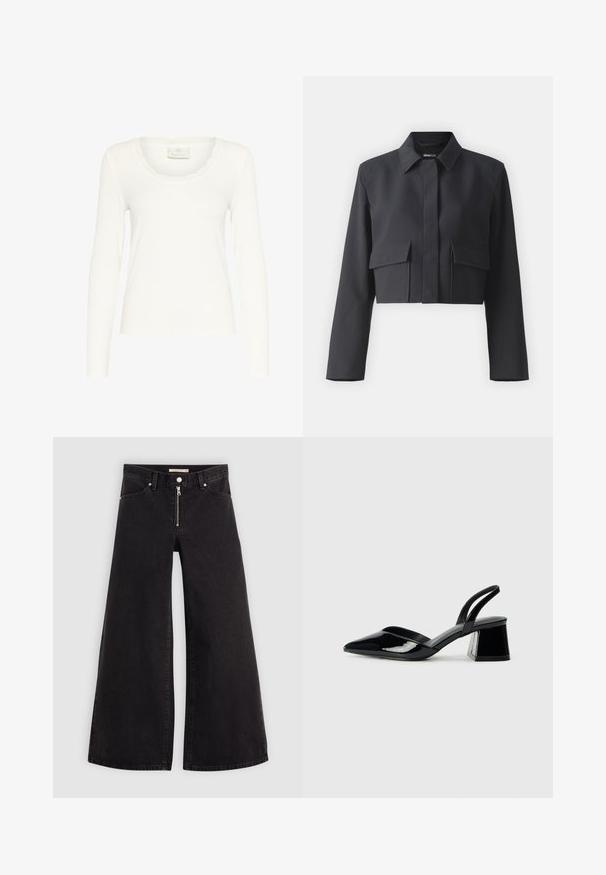 Cropped black jacket made of smooth fabric with a collar, front button closure, and two flap pockets on the chest. Long sleeves.; Long-sleeve white top made of ribbed fabric, featuring a scalloped neckline and fitted design. Label reads "KAFFE." Smooth texture.; Wide-leg jeans in black denim with a zippered front, five-pocket design, and subtle stitching details. Smooth texture and casual style.; Black patent leather slingback heels with a pointed toe and a geometric block heel. Features a sleek, minimal design and smooth texture.