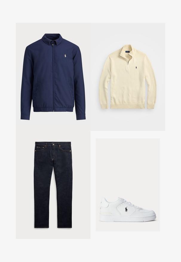 Tumši zila jaka ar rāvējslēdzēju priekšā, apkakli, elastīgu apakšmalu un aprocēm, kā arī sānu kabatām; ar nelielu izšūtu logo uz krūtīm.; Krēmveida zip-up džemperis, kas izgatavots no adīta auduma, ar ribota tipa apkakli un apakšmalu, kā arī nelielu tumši zilu izšūtu logotipu uz krūtīm.; Tumši zili džinsi ar taisnu kāju dizainu, kas ietver piecas kabatas, varš šuvēm un pogu aizdari jostasvietā.; Baltie ādas sneakers ar teksturētām malām, apaļu purngali, un perforācijām. Iespējas ietver melnu logo, auklu aizdari un biezu gumijas zoli.