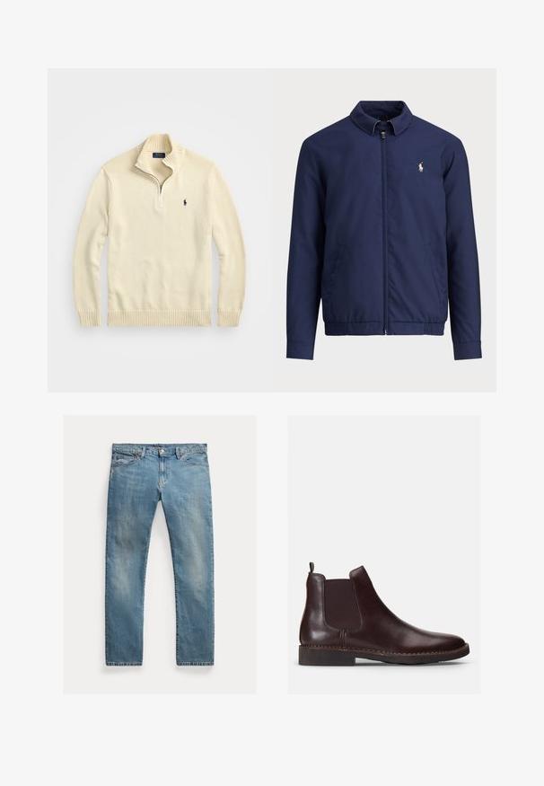 Ναυτικό μπλε μπουφάν με φερμουάρ μπροστά, γιακά, ελαστική μέση και μανίκια, και πλαϊνές τσέπες; διαθέτει ένα μικρό κεντητό λογότυπο στο στήθος.; Κρεμ φούτερ με φερμουάρ, κατασκευασμένο από πλεκτό ύφασμα, με ριμπ κολάρο και στρίφωμα, και μικρό κεντημένο λογότυπο σε σκούρο μπλε στο στήθος.; Ανοιχτό μπλε τζιν παντελόνι με ευθείες γραμμές, κούμπωμα με κουμπιά, πέντε τσέπες, διακριτική φθορά και ραφές ως διακοσμητικά στοιχεία.; Καφέ δερμάτινη μπότες Chelsea με ελαστικές πλευρικές πάνελ και λουράκι. Στρογγυλή μύτη και ραμμένα στοιχεία στη σόλα προσθέτουν υφή και σχέδιο.