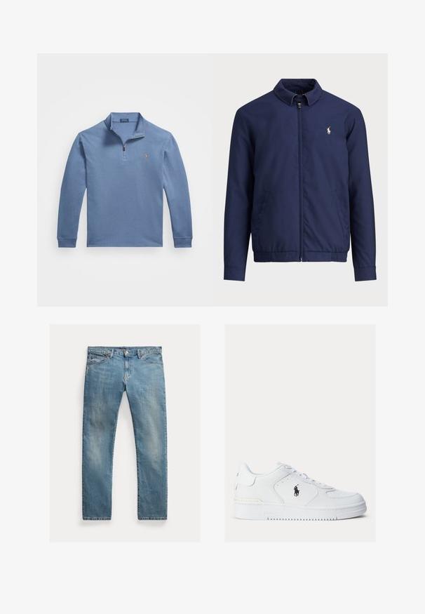 Casaco azul-marinho com fecho frontal em zíper, gola, bainha e punhos elásticos, e bolsos laterais; apresenta um pequeno logótipo bordado no peito.; Camisa polo azul de manga longa feita de algodão, com colarinho de meia zip, punhos canelados e um pequeno logótipo bordado no peito.; Jeans de denim azul claro com corte reto, fecho de botão, cinco bolsos, desbotamento subtil epontos de costura.; Ténis brancos de couro com lados texturizados, bico redondo e perfurações. Apresenta um logo preto, fecho com atacadores e uma sola de borracha grossa.