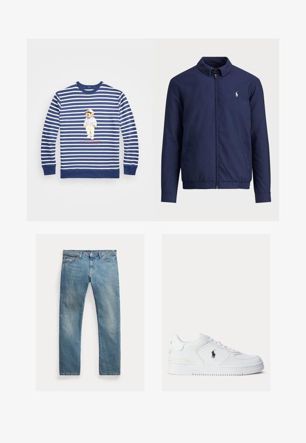Navy blue jacket with a zip front, collar, elasticized hem and cuffs, and side pockets; features a small embroidered logo on the chest.; Polo Ralph Lauren Big & Tall POLO BEAR STRIPED FLEECE SWEATSHIRT - Sweatshirt - light navy/deckwash white; Light blue denim jeans with a straight cut, button-fly closure, five pockets, subtle fading, and stitching accents.; White leather sneakers with textured sides, round toe, and perforations. Features a black logo, lace-up closure, and a thick rubber sole.