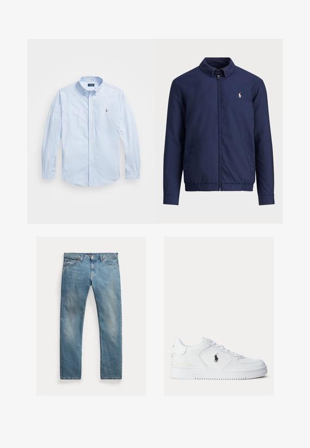 Veste bleu marine avec fermeture éclair sur le devant, col, ourlet et poignets élastiques, et poches latérales ; présente un petit logo brodé sur la poitrine.; Chemise bleu clair à manches longues avec des rayures verticales blanches, ornée d'un petit logo brodé sur la poitrine et d'un col évasé.; Jean en denim bleu clair, coupe droite, fermeture à bouton, cinq poches, légères décolorations et accents de couture.; Baskets blanches en cuir avec des côtés texturés, bout rond et perforations. Présentent un logo noir, un système de laçage et une semelle en caoutchouc épaisse.