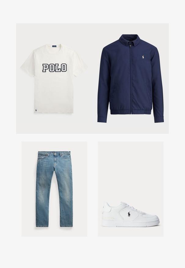 Tamsiai mėlyna striukė su užtrauktuku priekyje, apykakle, elastingu apačiu ir rankogaliais bei šoniniais kišenėmis; turi mažą išsiuvinėtą logotipą ant krūtinės.; Balta medvilninė marškinėliai trumpomis rankovėmis, su "POLO" jūrų mėlynumu atspausdintu ant priekinės dalies ir mažas jūrų mėlynumo logotipas apatiniame kairiajame kampe.; Šviesiai mėlynos džinsinės kelnės su tiesia kirpimu, mygtukų užsegimu, penkiais kišenėmis, švelnia nublukimu ir siūlų akcentais.; Balti odiniai sportbačiai su tekstūruotais šonais, apvaliu priekiu ir perforacijomis. Yra juodas logotipas, raištelių užsegimas ir storas guminis padas.