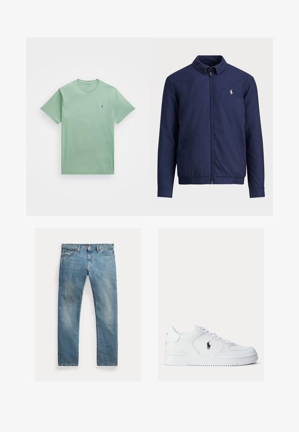 Granatowa kurtka z zapięciem na zamek, kołnierzykiem, elastycznym dołem i mankietami oraz kieszeniami bocznymi; posiada małe haftowane logo na klatce piersiowej.; Polo Ralph Lauren Big & Tall - T-shirt basic; Jasnoniebieskie dżinsy o prostym kroju, zapinane na guziki, z pięcioma kieszeniami, delikatnym wypłowieniem i przeszyciami.; Białe skórzane sneakersy z teksturowanymi bokami, okrągłym noskiem i perforacjami. Posiadają czarne logo, zapięcie na sznurówki oraz grubą gumową podeszwę.