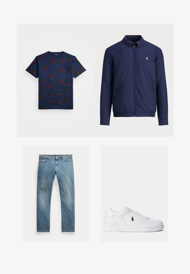 Navy blue jacket with a zip front, collar, elasticized hem and cuffs, and side pockets; features a small embroidered logo on the chest.; Navy blue cotton t-shirt with a repeating pattern of red and green winged designs. Features a crew neck and short sleeves.; Light blue denim jeans with a straight cut, button-fly closure, five pockets, subtle fading, and stitching accents.; White leather sneakers with textured sides, round toe, and perforations. Features a black logo, lace-up closure, and a thick rubber sole.