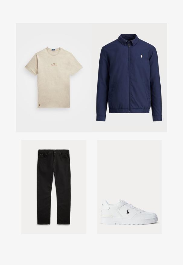 Tumši zila jaka ar rāvējslēdzēju priekšā, apkakli, elastīgu apakšmalu un aprocēm, kā arī sānu kabatām; ar nelielu izšūtu logo uz krūtīm.; Beidz rīsomā kokvilnas T-kreklā ar apaļu kakla izgriezumu, īsām piedurknēm un izšuvumu "Polo Ralph Lauren" sarkanā krāsā krūtīs. Mazs logo apakšmalā.; Melnas džinsas ar taisnu kāju griezumu, piecu kabatu dizainu un smalku faktūru. Metāla pogas un rāvējslēdzēja aizdare.; Baltie ādas sneakers ar teksturētām malām, apaļu purngali, un perforācijām. Iespējas ietver melnu logo, auklu aizdari un biezu gumijas zoli.