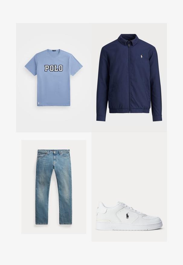 Tamsiai mėlyna striukė su užtrauktuku priekyje, apykakle, elastingu apačiu ir rankogaliais bei šoniniais kišenėmis; turi mažą išsiuvinėtą logotipą ant krūtinės.; Šviesiai mėlynas medvilninis marškinėlis su apvaliu iškirpimu, kuriame yra didelis „POLO“ logotipas baltos ir tamsiai mėlynos spalvos, su mažu logotipo akcentu apatiniame krašte.; Šviesiai mėlynos džinsinės kelnės su tiesia kirpimu, mygtukų užsegimu, penkiais kišenėmis, švelnia nublukimu ir siūlų akcentais.; Balti sportiniai batai su tekstūruota odine viršutine dalimi, apvalia nosimi, plokščia raištelių sistema ir juodu logotipu šone. Guminis padas su sukibimo raštu.