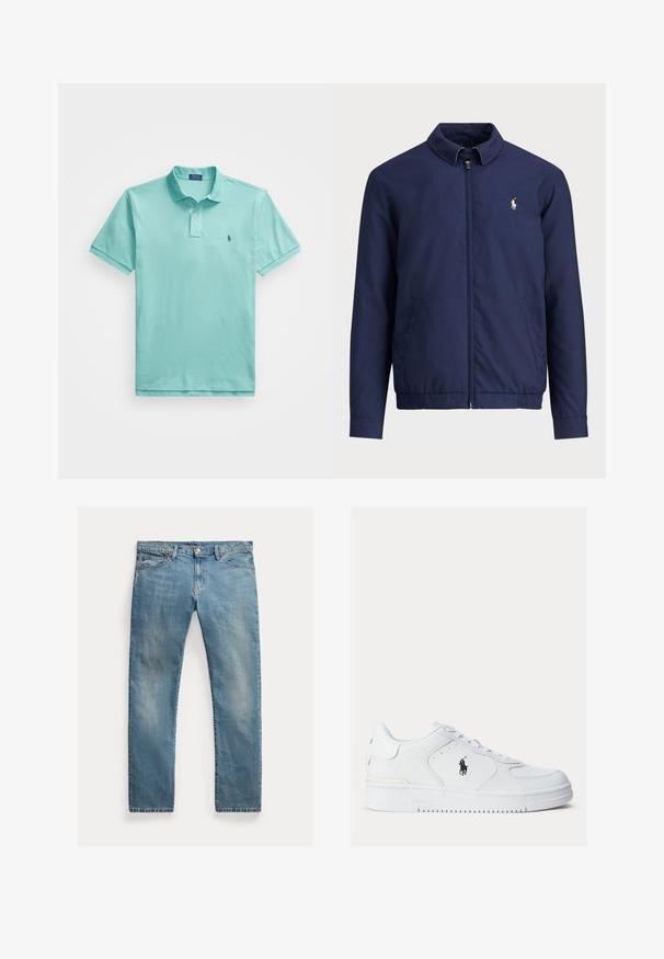 Casaco azul-marinho com fecho frontal em zíper, gola, bainha e punhos elásticos, e bolsos laterais; apresenta um pequeno logótipo bordado no peito.; Camisa polo turquesa feita de algodão, com gola de três botões, mangas curtas e um pequeno logótipo azul-marinho no lado esquerdo do peito.; Jeans de denim azul claro com corte reto, fecho de botão, cinco bolsos, desbotamento subtil epontos de costura.; Ténis brancos de couro com lados texturizados, bico redondo e perfurações. Apresenta um logo preto, fecho com atacadores e uma sola de borracha grossa.