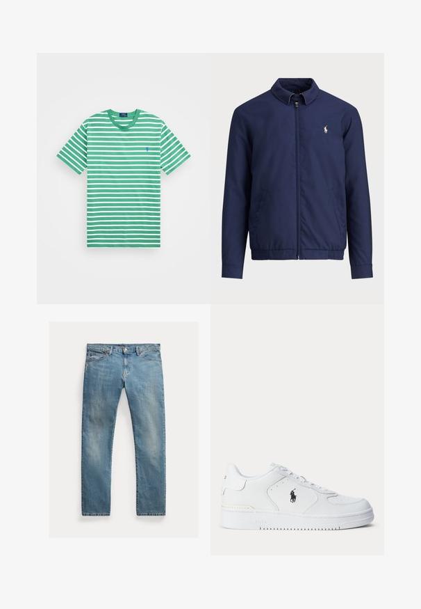 Mörkblå jacka med dragkedja fram, krage, elastisk nederkant och manschetter samt sidfickor; har en liten broderad logotyp på bröstet.; Grön och vit randig t-shirt med rund halsringning och korta ärmar. Har en liten blå logo på vänster bröstparti.; Ljusblå denimjeans med rak passform, knäppning med knapp, fem fickor, subtila blekningar och sömnadsdetaljer.; Vitt sportskor med strukturerad läderöverdel, rund tå, platta snören och en svart logotyp på sidan. Gummisula med mönster för grepp.