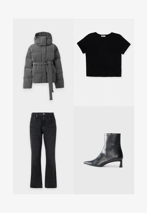 Pelēks pūkains mētelis ar jostu viduklī, augstu apkakli un kapuci. Iezīmējas ar izšūtiem laukumiem un fakturētu audumu visā virsmā.; Melns īss krekliņš, kas izgatavots no mīksta kokvilnas, ar īsām piedurknēm, apaļu kakla izgriezumu un vienkāršu apakšmalu bez rotājumiem.; Melni platāki džinsi, kas izgatavoti no denima, ar augstu jostasvietu, priekšējām kabatām un varšacīru akcentiem. Gluda tekstūra ar minimālu izbalēšanu.; Melnas ādas potītes zābaki ar norādītu pirkstu un elegantu dizainu. Iezīmē zemu papēdi un rāvējslēdzēja aizdari aizmugurē. Gluda tekstūra.