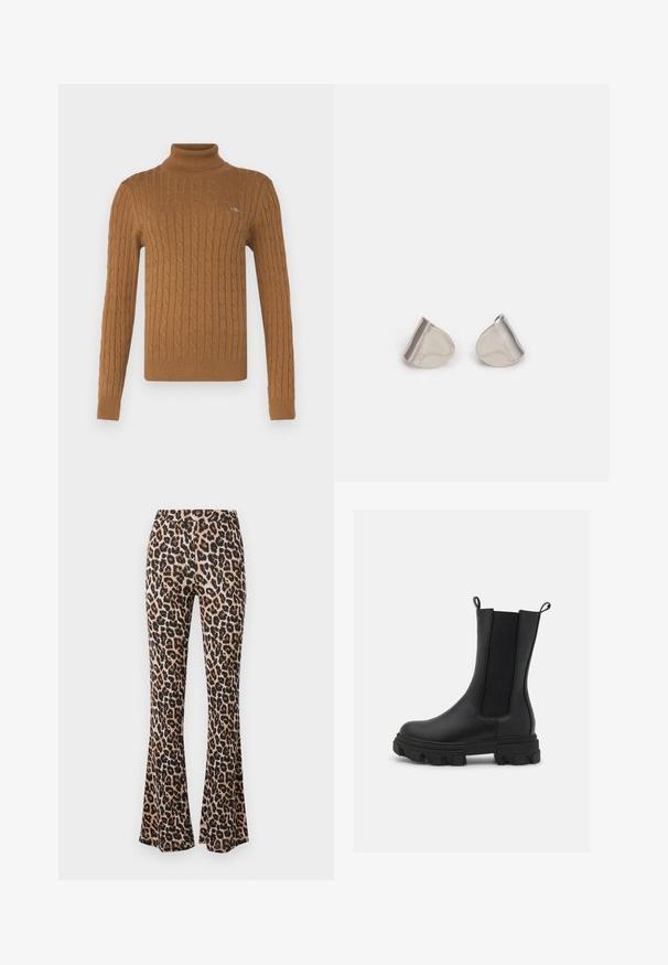 Guess Klassisk kappa / rock - bordeaux; GANT TURTLENECK - Stickad tröja - cacao; Leopardmönstrade utsvängda byxor i tan och svart, tillverkade av mjukt tyg med en slät yta, med en åtsittande midja och utsvängd nederkant.; Svarta Chelsea-stövlar i läder och elastisk väv, med en kraftig gummisula med uttalad härd och dragflikar för enkel påtagning.; Silverfärgade metallörhängen med en slät, tårformad design och en polerad yta. Subtila gravyrer tillför detaljer. Minimalistisk design.