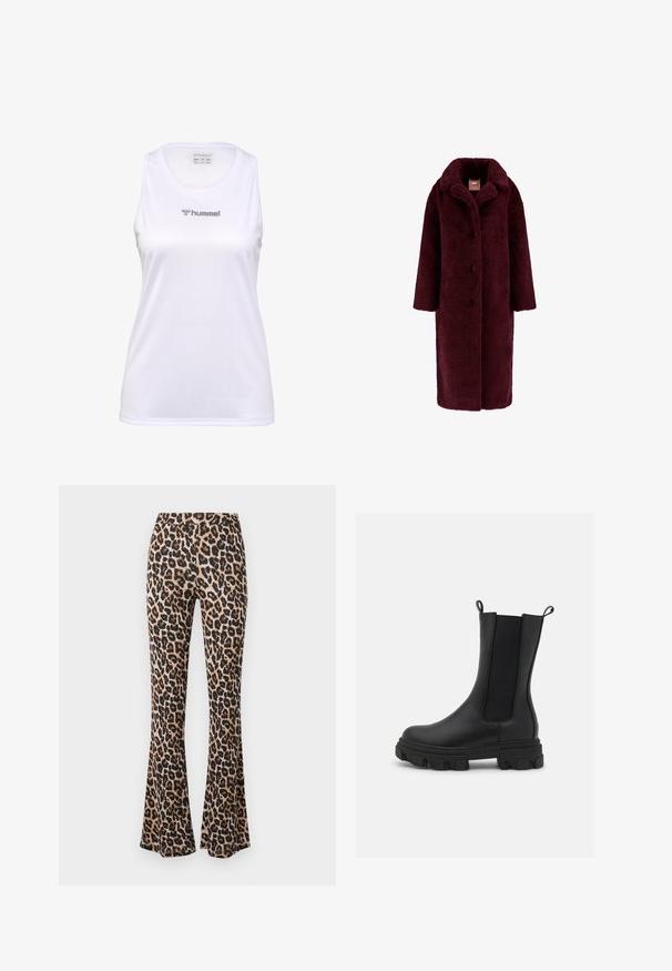 Guess Klassischer Mantel - bordeaux; Weißes ärmelloses Sport-Tanktop aus strukturiertem Stoff, mit einem runden Ausschnitt und einem silbernen "hummel"-Logo auf der Vorderseite.; Leopardenmuster Schlaghosen in Tan und Schwarz, aus weichem Stoff mit einer glatten Textur, mit einer taillierten Taille und einem ausgestellten Saum.; Schwarzer Chelsea-Stiefel aus Leder und elastischem Material mit einer robusten Gummisohle und ausgeprägtem Profil sowie Ziehschlaufen für ein einfaches Anziehen.