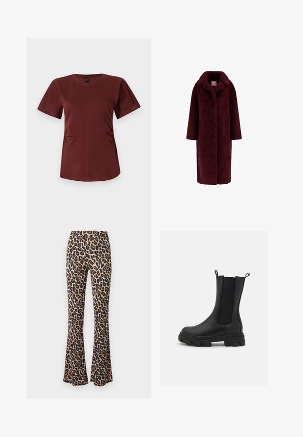 Guess Klasszikus kabát - bordeaux; Bordó, rövid ujjú póló, puha pamutból készült. Kerek nyakú, finom oldalvarrásokkal a formázott megjelenés érdekében. Zökkenőmentes textúra.; Tan és fekete leopárdmintás, csípőn szabott, sima tapintású anyagból készült harangszárú nadrág.; Fekete Chelsea csizma bőrből és rugalmas anyagból, masszív gumitalppal, kiemelkedő bordázattal és húzófülekkel a könnyű felhúzás érdekében.
