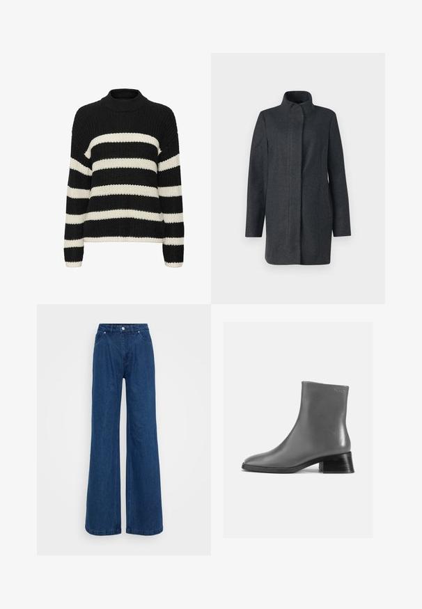 Cappotto di lana grigio scuro con colletto alto, maniche lunghe e tasche laterali. Presenta un design slanciato e una texture liscia.; Maglione a coste a righe in bianco e nero con collo alto, vestibilità ampia e texture a costine. Presenta ampie righe orizzontali e maniche lunghe.; Jeans in denim blu a gamba larga con vita alta, chiusura frontale con bottone e zip, e tasche anteriori e posteriori su uno sfondo semplice.; Stivale alla caviglia in pelle grigia con punta rotonda e tacco corto impilato nero. Texture liscia con dettagli minimi.