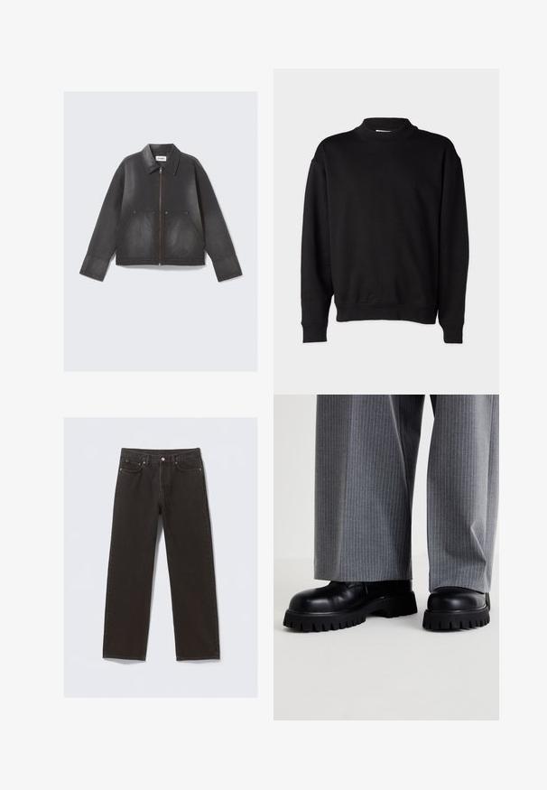 Black denim jacket with a zip front, pointed collar, and two front pockets. Slightly faded texture and long sleeves.; Black sweatshirt with a high, ribbed collar, long sleeves, and a relaxed fit. Soft texture with ribbed cuffs and hem.; Black denim jeans with a straight-leg design, five pockets, and copper-colored stitching. Smooth texture, classic button closure at the waist.; Black leather shoes with a chunky sole featuring deep treads, paired with gray pinstriped wide-leg pants.
