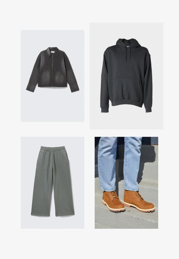 Chaqueta de mezclilla negra con cremallera frontal, cuello puntiagudo y dos bolsillos delanteros. Textura ligeramente desgastada y mangas largas.; Sudadera gris oscuro hecha de tela suave, con un bolsillo frontal, cordones en la capucha y puños y dobladillo acanalados.; Pantalones de pierna ancha de color gris claro, hechos de una tela suave, con una cintura elástica y dos bolsillos laterales, que presentan detalles de costura visibles.; Botas de ante marrón hasta el tobillo con cordones amarillos y suelas blancas, que presentan un patrón de suela resistente, llevadas con vaqueros de mezclilla azul claros en las escaleras.