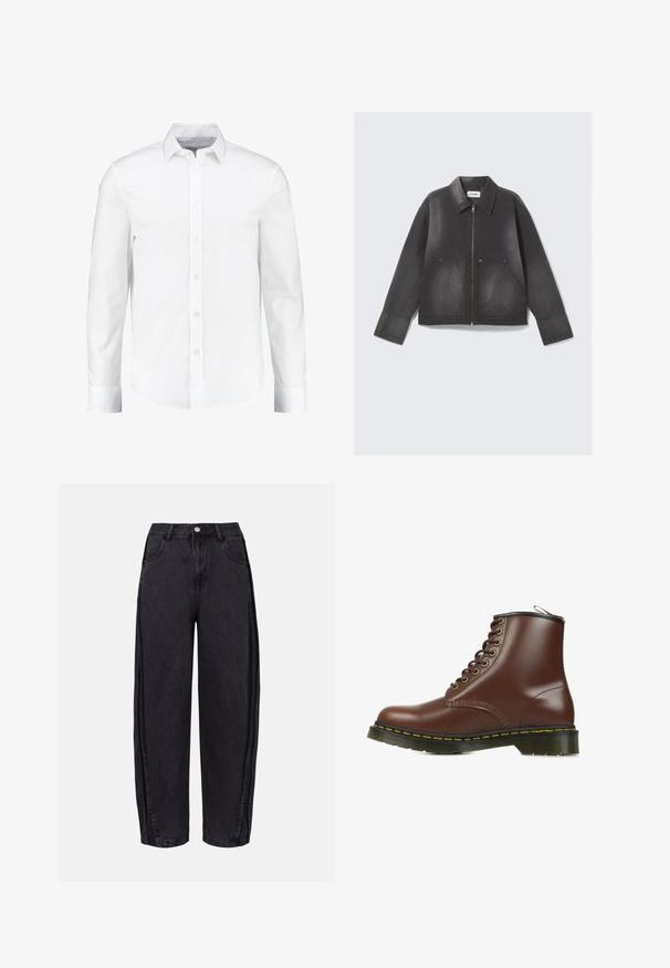 Schwarze Jeansjacke mit Reißverschluss vorne, spitzem Kragen und zwei Fronttaschen. Leicht verblichene Textur und lange Ärmel.; Weißes langärmliges Hemd mit Knöpfen aus glattem Baumwollstoff. Verfügt über einen klassischen Kragen und eine durchgehende Knopfleiste mit geradem Saum.; Schwarze weit geschnittene Jeans aus Denim mit glatter Textur. Verfügt über eine hohe Taille, Fronttaschen und einen Knopfverschluss am Bund.; Brauner Lederknöchelboot mit rundem Zehenbereich, schwarzen Akzenten, gelben Nähten und dicker, strukturierter Sohle. Mit Metallösen und Schnürdesign.
