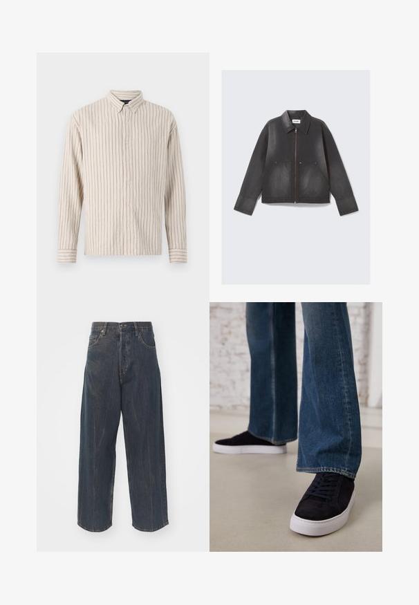 Čierna džínsová bunda so zipsom vpredu, špicatým golierom a dvoma prednými vreckami. Trochu vyblednutá textúra a dlhé rukávy.; Košeľa na gombíky v krémovej farbe s vertikálnymi pruhmi. Vyrobená z textúrovanej tkaniny, s golierom, dlhými rukávmi a predným zapínaním na gombíky.; Široké tmavomodré denimové džínsy s jemne ošúchanou textúrou, piatimi vreckami a klasickým zapínaním na gombík a zips v páse.; Tmavomodré semišové tenisky s bielou gumovou podrážkou a šnúrkami, skombinované so širokými džínsami v strednej modrej farbe.
