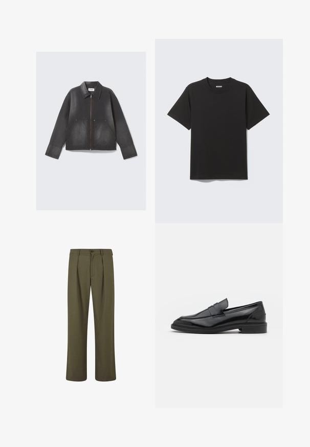 Juodas džinsinis švarkas su užtrauktuku priekyje, smailiu apykakle ir dviem priekinių kišenių. Šiek tiek nudėvėta tekstūra ir ilgomis rankovėmis.; Juoda trumpomis rankovėmis medvilninė marškinėliai, pagaminti iš minkštos medvilnės, su apvalia iškirpte ir paprastu dizainu be raštų ar akcentų.; Olive spalvos kelnės su pritaikytu kirpimu, turinčios klostes priekyje, mygtukų užsegimą ir tiesias kojas. Lygi audinio tekstūra.; Juodos odinės loafers batai su lygiu paviršiumi, turintys apvalią noselę ir siaurą juostelę per viršų. Žemas sluoksnis kulnas.