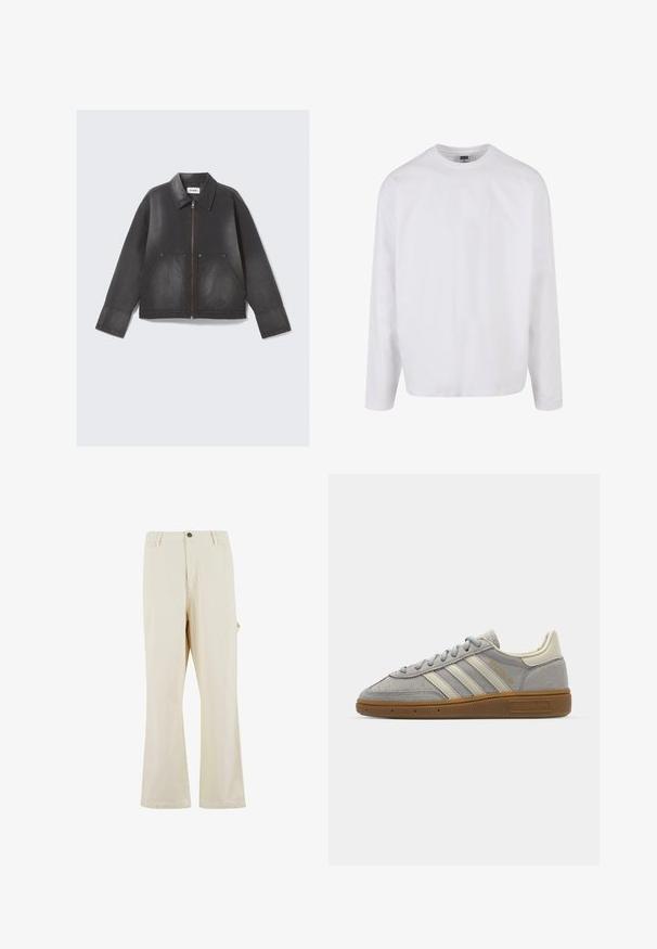 Zwarte denimjas met een rits aan de voorkant, een puntige kraag en twee voorzakken. Licht vervaagde textuur en lange mouwen.; Witte katoenen t-shirt met lange mouwen en een ronde halslijn, een relaxte pasvorm, en zonder zichtbare patronen of accenten. Glad van textuur.; Beige, wijde broek gemaakt van een katoenmix met een knoopsluiting. Voorzien van zijzakken en een subtiele textuur. Naaddetails zichtbaar.; Grijze suède sneakers met lichtgrijze leren strepen en een gomrubberen zool. Kenmerken zijn een vetersluiting en subtiele branding op de tong.