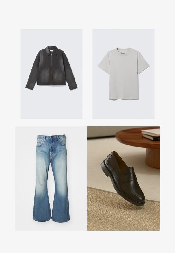 Svart denimjakke med glidelås foran, spiss krage og to frontlommer. Svakt falmet tekstur og lange ermer.; Lys grå bomull T-skjorte med rund hals og korte ermer, med et minimalistisk design og en avslappet passform. Ingen mønstre eller detaljer.; Weekday TIME LOOSE - Jeans straight leg - blue; Sorte skinnloafers med glatt overflate, rund tå og dekorativ stropp over vristen. Lav gummihæl, plassert mot en teksturert overflate.