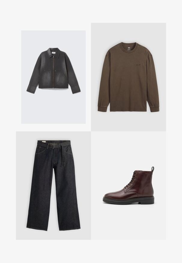 Schwarze Jeansjacke mit Reißverschluss vorne, spitzem Kragen und zwei Fronttaschen. Leicht verblichene Textur und lange Ärmel.; Braunes Langarm-T-Shirt aus Baumwolle mit rundem Halsausschnitt und elastischen Bündchen. Kleines Logo in der Nähe der Brust aufgedruckt.; Dunkelblaue Denim-Hosen mit weitem Bein und einem taillierten Gürtel, ausgestattet mit Vordertaschen und kontrastierender Naht. Glatte Textur mit einem schlichten Design.; Braune Leder-Stiefeletten mit runder Spitze, sieben Ösen-Schnürung vorne und einer schwarzen Gummisohle. Mit einer Zuglasche an der Ferse.