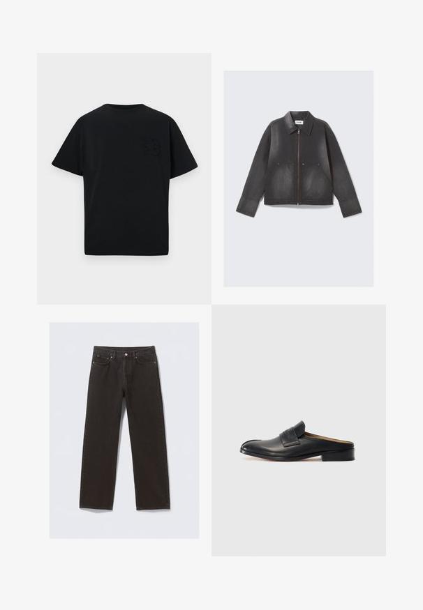 Mustmust riide, millel on lukuga esikülg, terav krae ja kaks esikot. Kergelt kulunud tekstuur ja pikad varrukad.; Mustad musta T-särk, millel on lõdvestatud lõige, lühikesed varrukad ja peenelt reljeefne täht "B" vasakul rinnal. Valmistatud siledast puuvillakangast.; Mustmustelged teksased otse jalgade kujundusega, viie taskuga ja vaskvärvi õmblustega. Sujuv tekstuur, klassikaline nööbiga kinnitamine vööl.; Must musta libisemisega king, ümarate varvaste ja madala ploki kandaga, millel on eesmine rihm. Sile tekstuur koos peene logo detailiga rihmal.