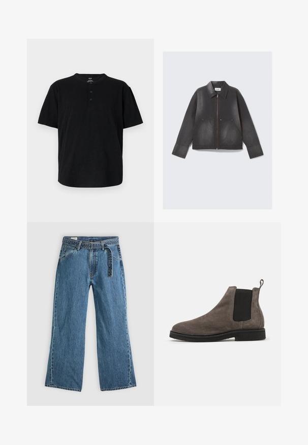 Mustmust riide, millel on lukuga esikülg, terav krae ja kaks esikot. Kergelt kulunud tekstuur ja pikad varrukad.; Must have lühikeste varrukatega must T-särk, ümar kaelusega, kolme nööbiga ja lõdva lõikega. Valmistatud pehmest ja tekstuurist kangast.; Sinine denimist laienevate jalgadega teksad, millel on kinnitatud vöö, ees taskud ja nähtav õmblemine helesinise tausta peal.; Hallhalli hallidest Chelsea saapad elastsete külgpanelidega, ümar nina ja tõmbeaas. Lame must kummitald. Lihtne ja stiliseeritud disain.