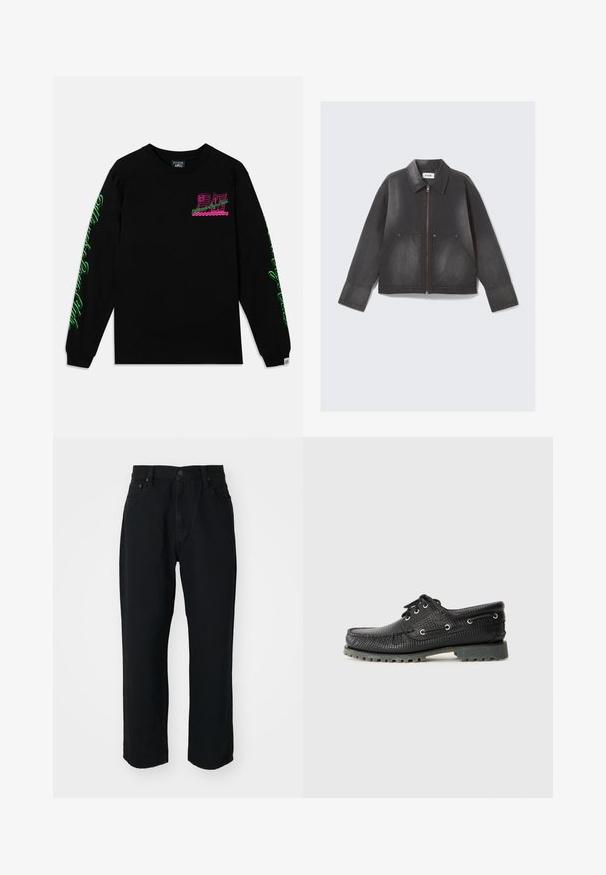 Casaco de ganga preto com fecho zíper à frente, colarinho pontudo e dois bolsos frontais. Textura ligeiramente desbotada e mangas longas.; Camisola preta de manga longa feita de algodão, com gráficos em rosa e verde no peito e nas mangas. Design simples de gola redonda e punhos canelados.; Jeans de ganga pretos com corte reto, textura leve, design de cinco bolsos e fecho de botão na cintura.; Shoe preto texturizado com atacadores, biqueira redonda, ilhós de metal e sola de borracha cinza robusta. Apresenta um padrão tecido na parte superior.