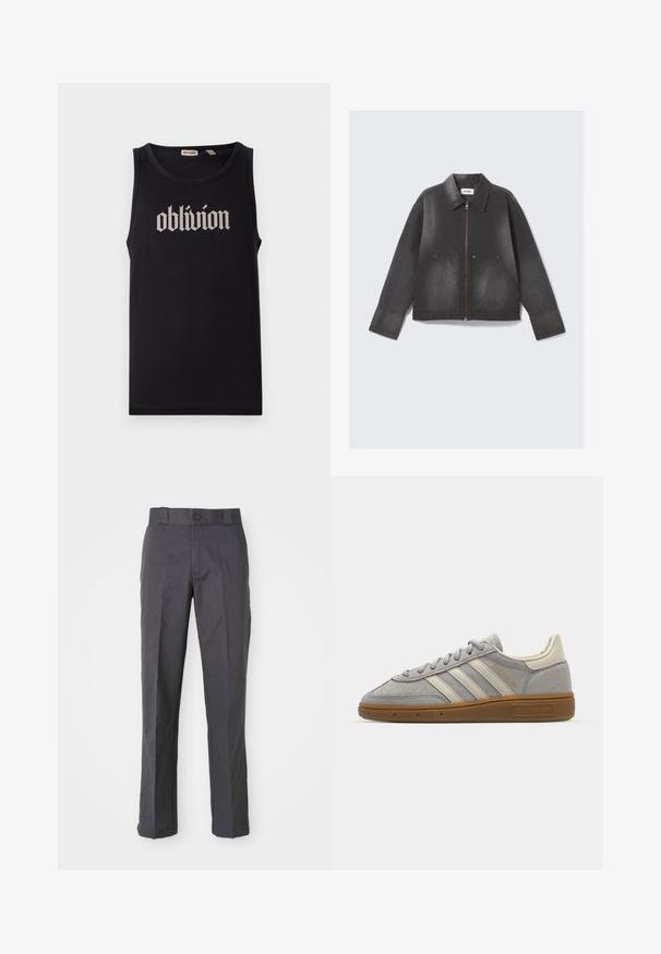 Čierna džínsová bunda so zipsom vpredu, špicatým golierom a dvoma prednými vreckami. Trochu vyblednutá textúra a dlhé rukávy.; Čierny top bez rukávov vyrobený z bavlny, s výrazným bielym gotickým písmom "oblivion" v strede na prednej strane. Hladká textúra.; Tmavošedé nohavice vyrobené z bavlneného zmesi, s rovnými nohavicami, prednými vreckami a gombíkovým zapínaním v oblasti pásu.; Šedé semišové tenisky s svetlosivými koženými pruhmi a gumovou podrážkou. Medzi vlastnosti patrí šnurovanie a jemné logo na jazyku.