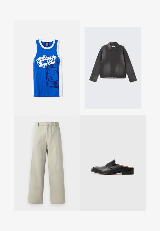 Jachetă din denim negru cu fermoar frontal, guler ascuțit și două buzunare frontale. Textură ușor decolorată și mâneci lungi.; Top din plasă bleu, cu logo-ul alb "Billionaire Boys Club" și o grafică cu un astronaut. Finisaje albe pe mâneci și la gât.; Han Kjøbenhavn WIDE LEG - Pantaloni - light grey; Pantof cu talpă interioară din piele neagră, cu vârful rotunjit, toc mic blocat și o curea frontală. Textură netedă cu un detaliu subtil al logo-ului pe curea.