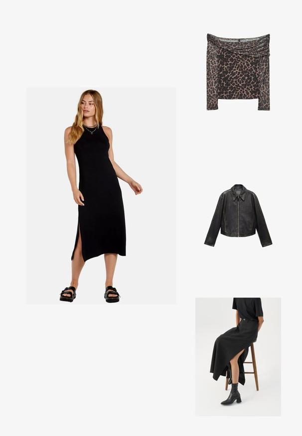 Giacca cropped in pelle nera con ampio colletto, maniche lunghe e chiusura con zip. Finitura testurizzata con dettagli di cucitura in vista.; Abito maxi senza maniche nero con spacchi laterali, realizzato in un tessuto morbido. Caratterizzato da una silhouette aderente e un colletto rotondo.; Top a maniche lunghe off-the-shoulder in stampa leopardo nera e marrone, con scollatura drappeggiata e tessuto morbido e texture.; Gonna maxi in lino nera con uno spacco alto, indossata con una t-shirt nera e stivaletti neri. Design minimalista con una vestibilità rilassata.