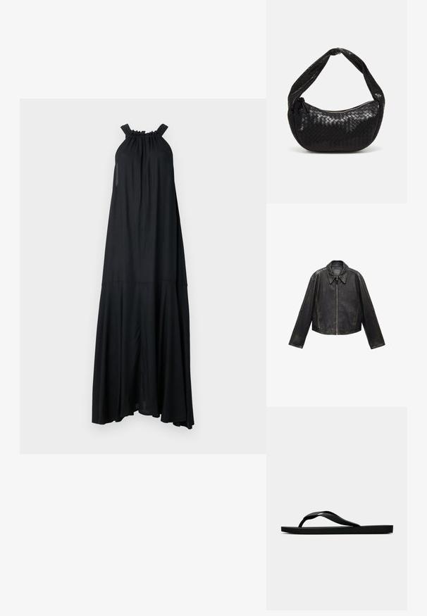 Schwarze Leder-Cropped-Jacke mit großem Kragen, langen Ärmeln und Reißverschluss. Texturierte Oberfläche mit sichtbaren Nahtdetails.; Schwarzes Maxikleid mit gerafftem Ausschnitt und zwei Trägern. Es hat eine fließende Silhouette und einen gestuften Saum und besteht aus leichtem Stoff.; Schwarze Gummi-Flip-Flop-Sandale mit einem strukturierten Riemen und einfacher flacher Sohle, von der Seite auf einem schlichten hellen Hintergrund dargestellt.; Schwarze geflochtene Ledertasche mit einer geschwungenen Form, ausgestattet mit einem dicken Griff und einem Reißverschlussverschluss. Texturierte Oberfläche mit glänzender Optik.