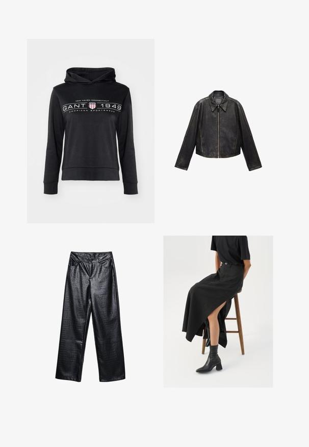 Schwarze Leder-Cropped-Jacke mit großem Kragen, langen Ärmeln und Reißverschluss. Texturierte Oberfläche mit sichtbaren Nahtdetails.; Schwarzer Hoodie mit einer vorderen Kängurutasche. Mit bedrucktem Text "NEW HAVEN CONNECTICUT GANT 1949 AMERICAN SPORTSWEAR" und einem Wappen-Design.; Schwarze Kunstleder-Hosen im weit geschnittenen Stil mit einem strukturierten Krokodil-Muster, ausgestattet mit vorderen Taschen und einem Knopfverschluss auf der Hüfte.; Schwarzer Leinen-Maxi-Rock mit hohem Schlitz, getragen mit einem schwarzen T-Shirt und schwarzen Knöchelstiefeln. Minimalistisches Design mit lockerer Passform.