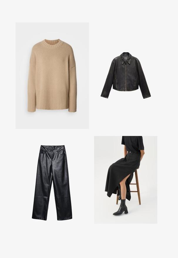 Schwarze Leder-Cropped-Jacke mit großem Kragen, langen Ärmeln und Reißverschluss. Texturierte Oberfläche mit sichtbaren Nahtdetails.; Beiger Strickpullover mit geripptem Saum und Bündchen, runder Halslinie und überschnittenen Schultern für eine legere Silhouette.; Schwarze Kunstleder-Hosen im weit geschnittenen Stil mit einem strukturierten Krokodil-Muster, ausgestattet mit vorderen Taschen und einem Knopfverschluss auf der Hüfte.; Schwarzer Leinen-Maxi-Rock mit hohem Schlitz, getragen mit einem schwarzen T-Shirt und schwarzen Knöchelstiefeln. Minimalistisches Design mit lockerer Passform.