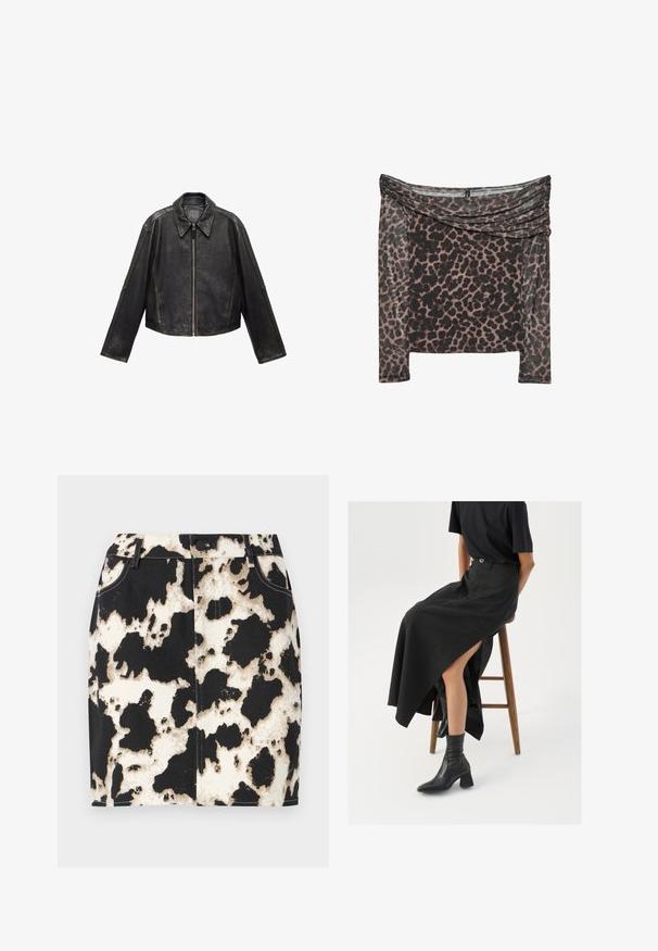 Schwarze Leder-Cropped-Jacke mit großem Kragen, langen Ärmeln und Reißverschluss. Texturierte Oberfläche mit sichtbaren Nahtdetails.; Schulterfreies Oberteil mit langen Ärmeln im Schwarz-Braunen Leopardenmuster, mit drapierter Ausschnittpartie und weichem, strukturiertem Stoff.; Jeansrock mit einem schwarz-weißen Kuhfellmuster, kontrastierenden Nähten und einem vorderen Knopfverschluss. Kurzes, figurbetontes Design.; Schwarzer Leinen-Maxi-Rock mit hohem Schlitz, getragen mit einem schwarzen T-Shirt und schwarzen Knöchelstiefeln. Minimalistisches Design mit lockerer Passform.