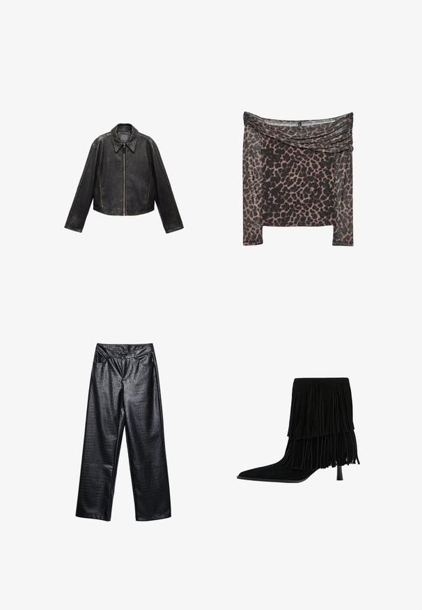 Mustan nahkainen crop-takki, jossa on suuri kaulus, pitkät hihat ja vetoketjusuljenta. Teksturoitu pinta, jossa näkyvät ompeluyksityiskohdat.; Pitkähihainen off-the-shoulder -paita musta- ja ruskeakarhuakuosisena, jossa on laskostettu kaulus ja pehmeä, teksturoitu kangas.; Mustat keinonahkaiset leveälahkeiset housut, joissa on teksturoitu krokotiilikuosi, edessä taskut ja napitus vyötäröllä.; Mustapukuinen mokkanahkasaapas nilkkapituisena, kerroksittaisella tupsukoristeella, teräväkärkinen ja stilettokorkoinen. Pintakäsite on pehmeä ja viimeistely vaikuttaa sileältä.