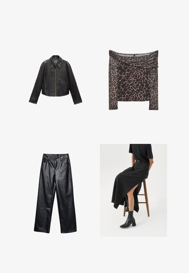 Schwarze Leder-Cropped-Jacke mit großem Kragen, langen Ärmeln und Reißverschluss. Texturierte Oberfläche mit sichtbaren Nahtdetails.; Schulterfreies Oberteil mit langen Ärmeln im Schwarz-Braunen Leopardenmuster, mit drapierter Ausschnittpartie und weichem, strukturiertem Stoff.; Schwarze Kunstleder-Hosen im weit geschnittenen Stil mit einem strukturierten Krokodil-Muster, ausgestattet mit vorderen Taschen und einem Knopfverschluss auf der Hüfte.; Schwarzer Leinen-Maxi-Rock mit hohem Schlitz, getragen mit einem schwarzen T-Shirt und schwarzen Knöchelstiefeln. Minimalistisches Design mit lockerer Passform.