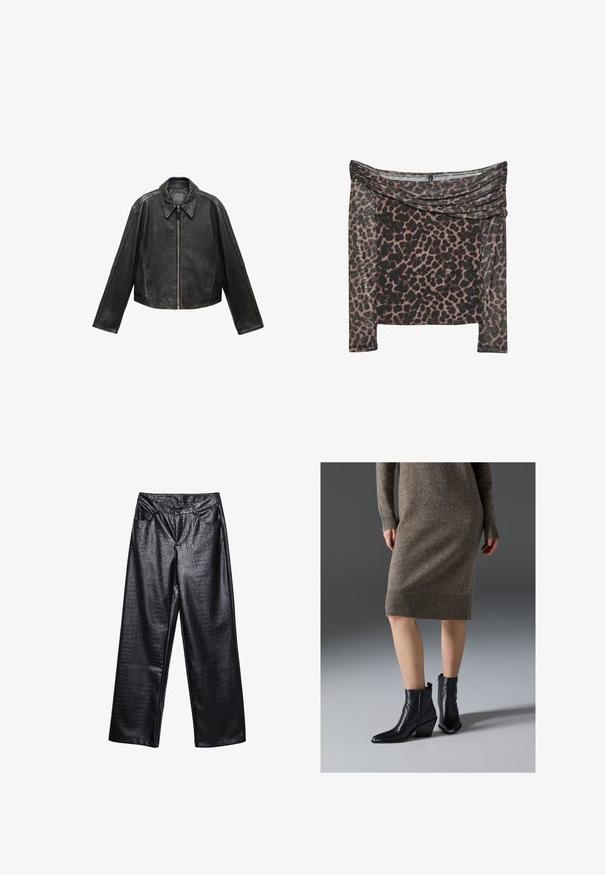 Crna kožna skraćena jakna s velikim ovratnikom, dugim rukavima i zatvaranjem na patentni zatvarač. Teksturna završna obrada s vidljivim šavovima.; Duguljana majica dugih rukava s jednim ramenom u crno-smešnom leopard uzorku, s naboranim dekolteom i mekim, teksturiranim materijalom.; Crne široke hlače od umjetne kože s teksturama krokodila, s prednjim džepovima i kopčanjem na gumba u struku.; Crne kožne gležnjače s izduženim vrhom, debelim potplatom i detaljima šavova u zig-zag obliku, uparene s rebrastom, smeškastom pletenom haljinom.