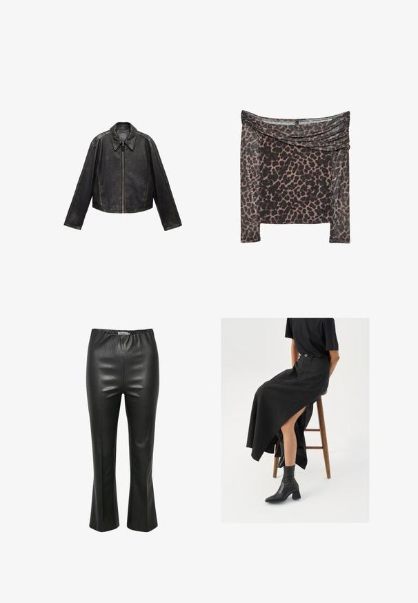Črna usnjena skrajšana jakna z velikim ovratnikom, dolgimi rokavi in zadrgo. Učinkovit teksturirani zaključek z vidnimi šivi.; Top z dolgimi rokavi brez naramnic v črno-rjavi leopardji vzorčasti, z drapiranim ovratnikom in mehkobo teksturirane tkanine.; Črne hlače iz umetnega usnja z gladko teksturo, elastičnim pasom in širjenjem na robu, ki vsebujejo vertikalne šive.; Črna lanena maxi krilo z visokim razporkom, oblečeno s črno majico in črnimi gležnjarji. Minimalističen dizajn z udobnim krojem.