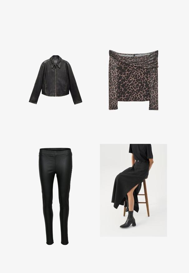 Schwarze Leder-Cropped-Jacke mit großem Kragen, langen Ärmeln und Reißverschluss. Texturierte Oberfläche mit sichtbaren Nahtdetails.; Schulterfreies Oberteil mit langen Ärmeln im Schwarz-Braunen Leopardenmuster, mit drapierter Ausschnittpartie und weichem, strukturiertem Stoff.; Schwarze Leggings aus Kunstleder mit glatter Textur, figurbetontem Schnitt und elastischem Bund. Minimale Nähte und keine Taschen.; Schwarzer Leinen-Maxi-Rock mit hohem Schlitz, getragen mit einem schwarzen T-Shirt und schwarzen Knöchelstiefeln. Minimalistisches Design mit lockerer Passform.