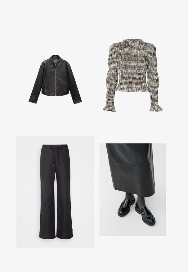 Černá kožená zkrácená bunda s velkým límcem, dlouhými rukávy a zapínáním na zip. Texturovaný povrch s viditelnými švy.; Hedvábná blůza s kostkovaným vzorem v černé, bílé a béžové barvě. Řasený výstřih a manžety, dlouhé rukávy, zkrácený střih.; Černé lněné kalhoty s širokými nohavicemi a stahovacími šňůrkami v pase, s hladkým povrchem a uvolněným střihem. Vhodné pro každodenní nošení.; Černé kožené polobotky s hladkým povrchem, zdobené páskem, s kulatou špičkou a texturovanou podrážkou. Nosené s dlouhou černou koženou sukní.